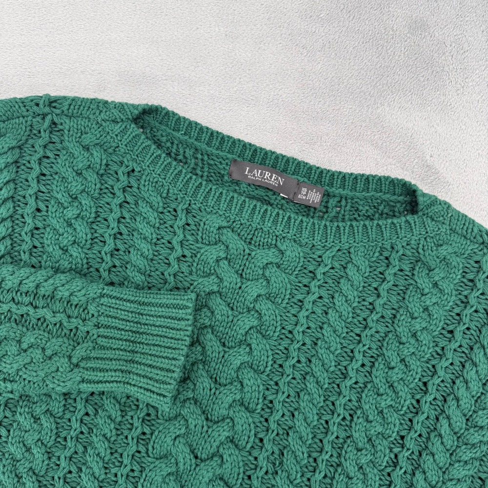 Lauren Ralph Lauren Green Cable Knit Sweater Crew Neck XS TP ECH Long Sleeve
